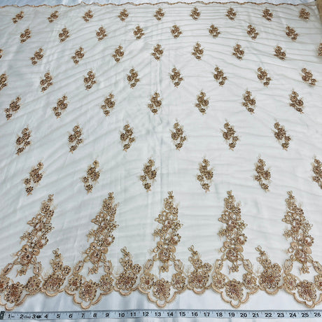 1 Yard Ivory Beaded and Corded Bridal Lace Fabric Embroidered on Polyester Net Mesh 54 Inch Width