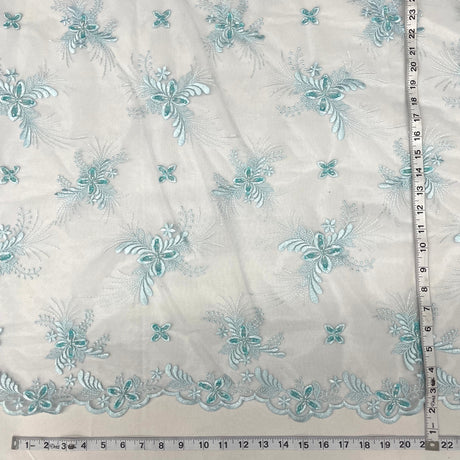 Beaded Lace Fabric Embroidered On 100 Percent Polyester Net Mesh - Lt. Blue, Turquoise, Silver, Floral Beaded Sequin Pattern, 52" Width (1 Yard)