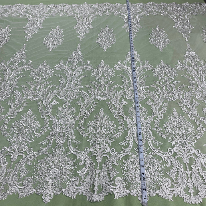 1 Yard Exquisite Bridal Lace Fabric Embroidered on 100% Polyester Net Mesh White