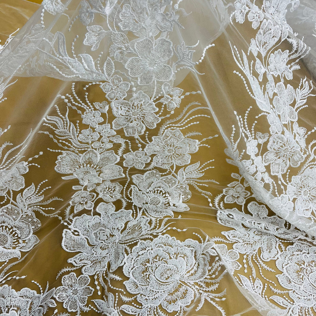 Beaded Lace Fabric Embroidered on Polyester Net Mesh 52"