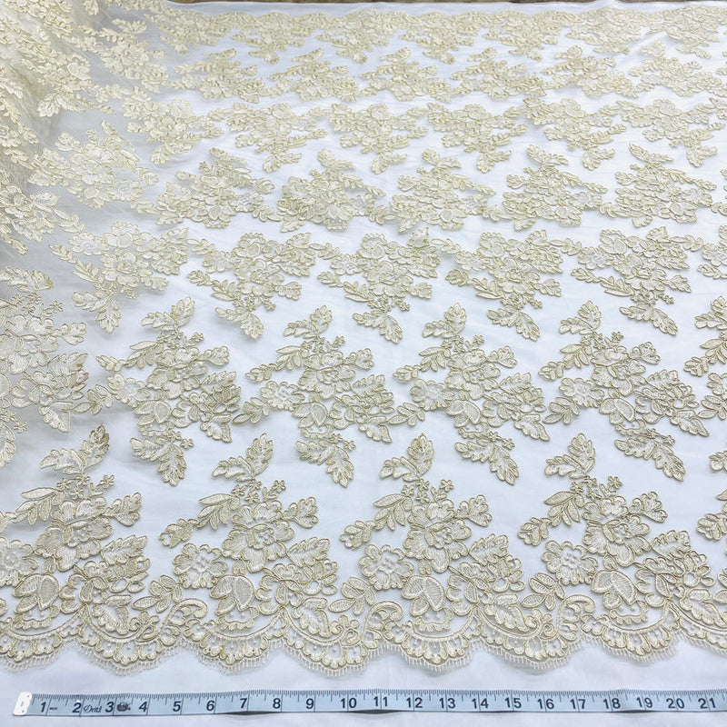 1 Yard - Corded Bridal Lace Fabric Embroidered on 100% Polyester Net Mesh - 51" Wide