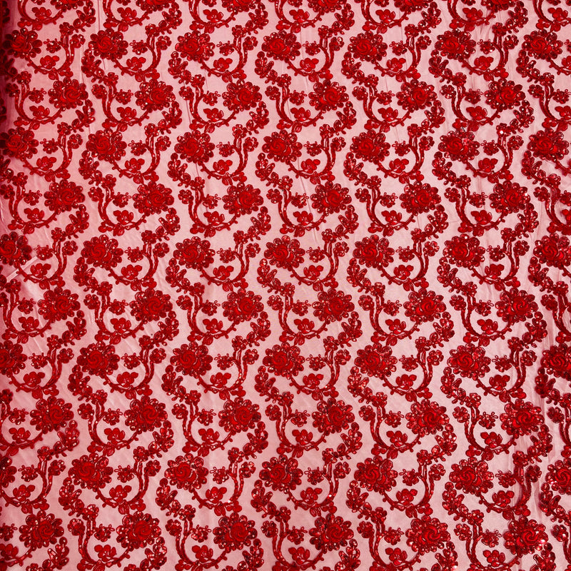 Pamela Floral Lace Polyester Fabric - Floral Corded Embroidered Sequin Lace, 50-54" Width (1 Yard)