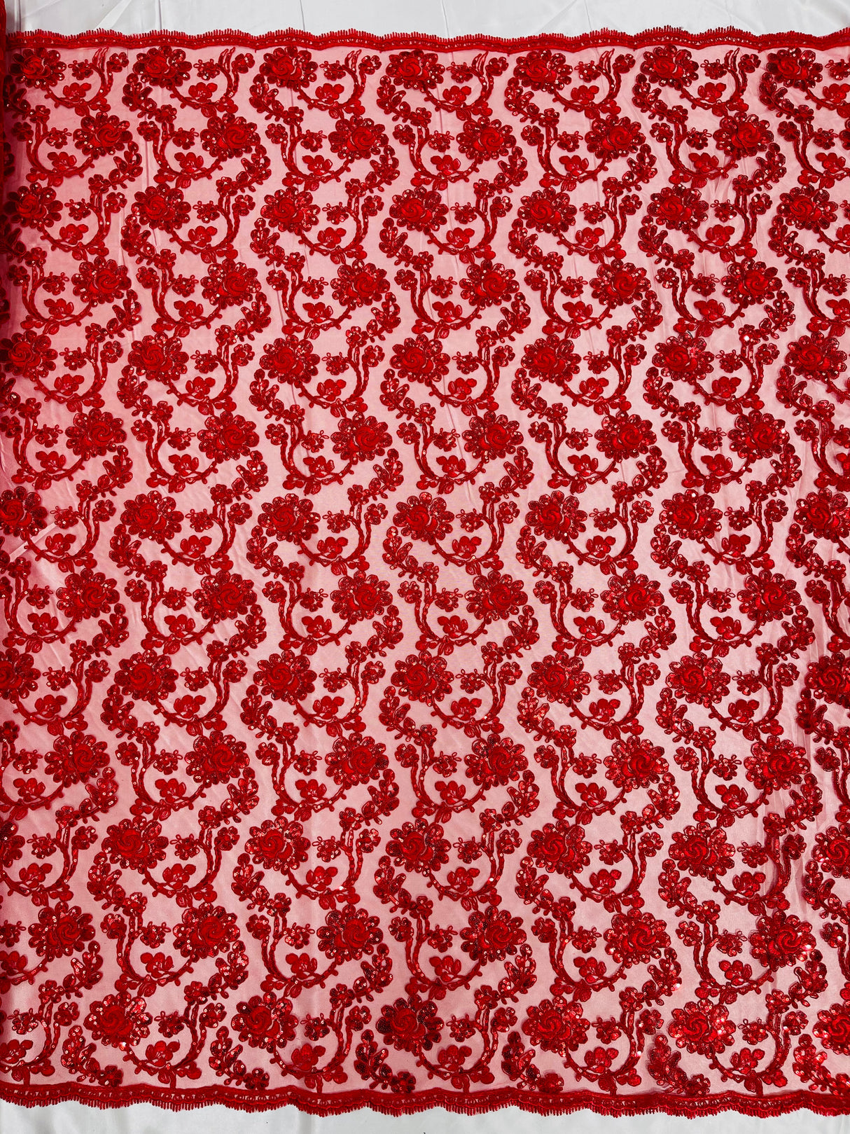 Pamela Floral Lace Polyester Fabric - Floral Corded Embroidered Sequin Lace, 50-54" Width (1 Yard)