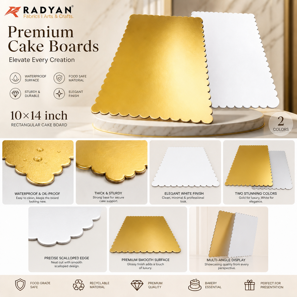 RADYAN 2mm Extra Thick Food Grade Cake Board Waterproof Scalloped Rectangle Cake Tray