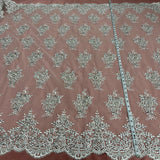 1 Yard Glamorous Beaded and Corded Lace Fabric Embroidered on 100% Polyester Net Mesh White