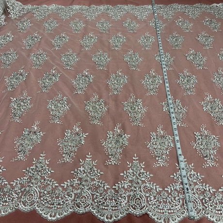 1 Yard Glamorous Beaded and Corded Lace Fabric Embroidered on 100% Polyester Net Mesh White
