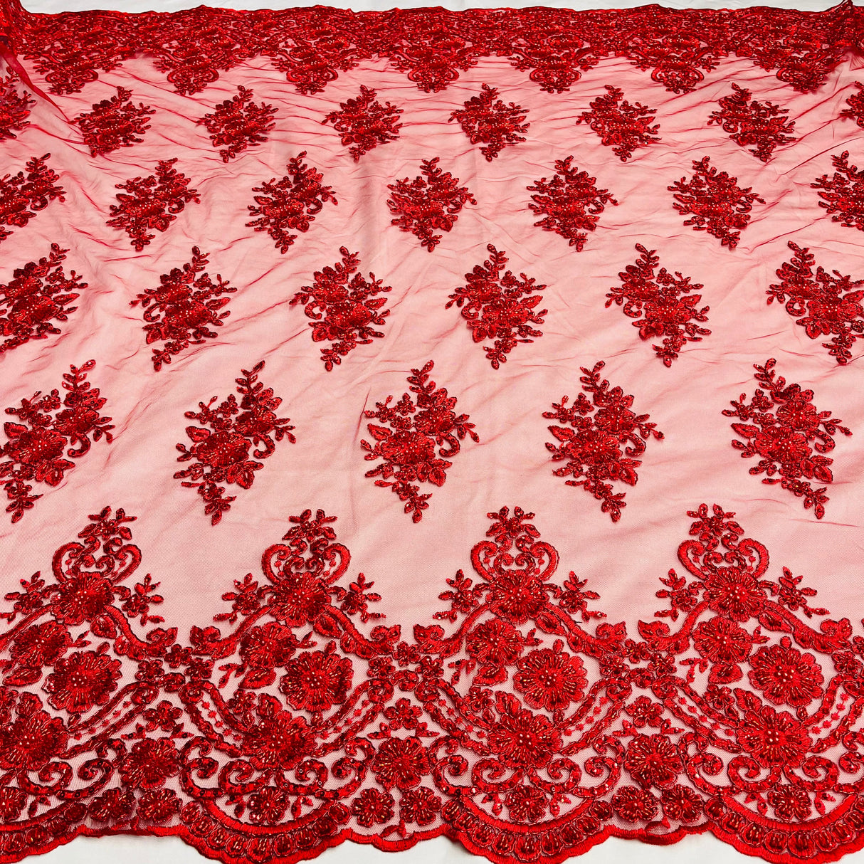 Beaded Corded Lace Fabric Metallic Scallops