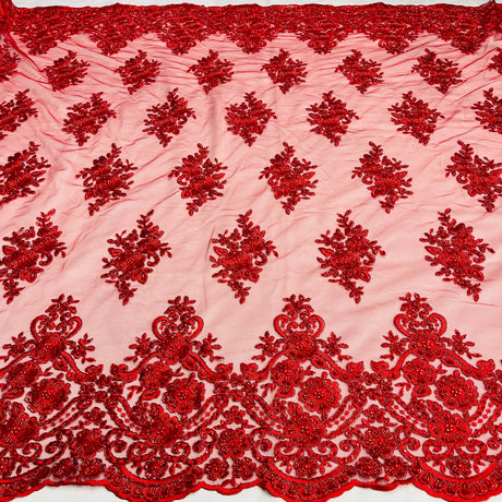 Beaded Corded Lace Fabric Metallic Scallops