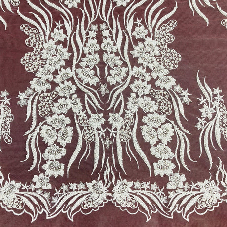 Beaded Lace Fabric Embroidered On 100% Polyester Net Mesh - Gold, Ivory, Silver, White, 52" Width (1 Yard)