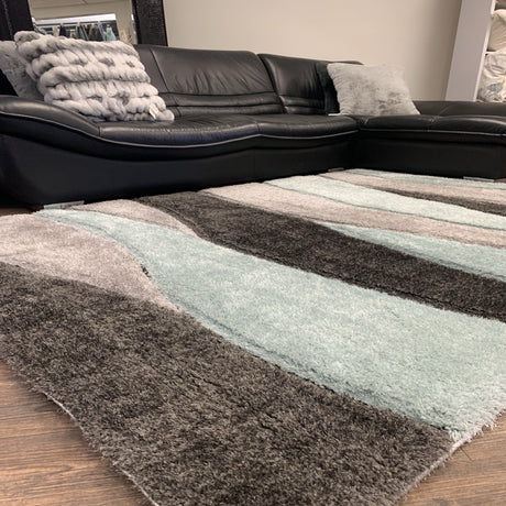 Touch Of Aqua Gray Silver Shag Area Rug Polyester Fabric - Plush Fluffy Shine 3D Stone Design, 2" Pile Height (2 Sizes)