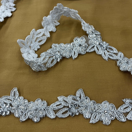 Beaded & Corded Lace Trimming Embroidered On 100% Polyester Net Fabric - 1.5" Width, Multiple Colors (1 Yard)