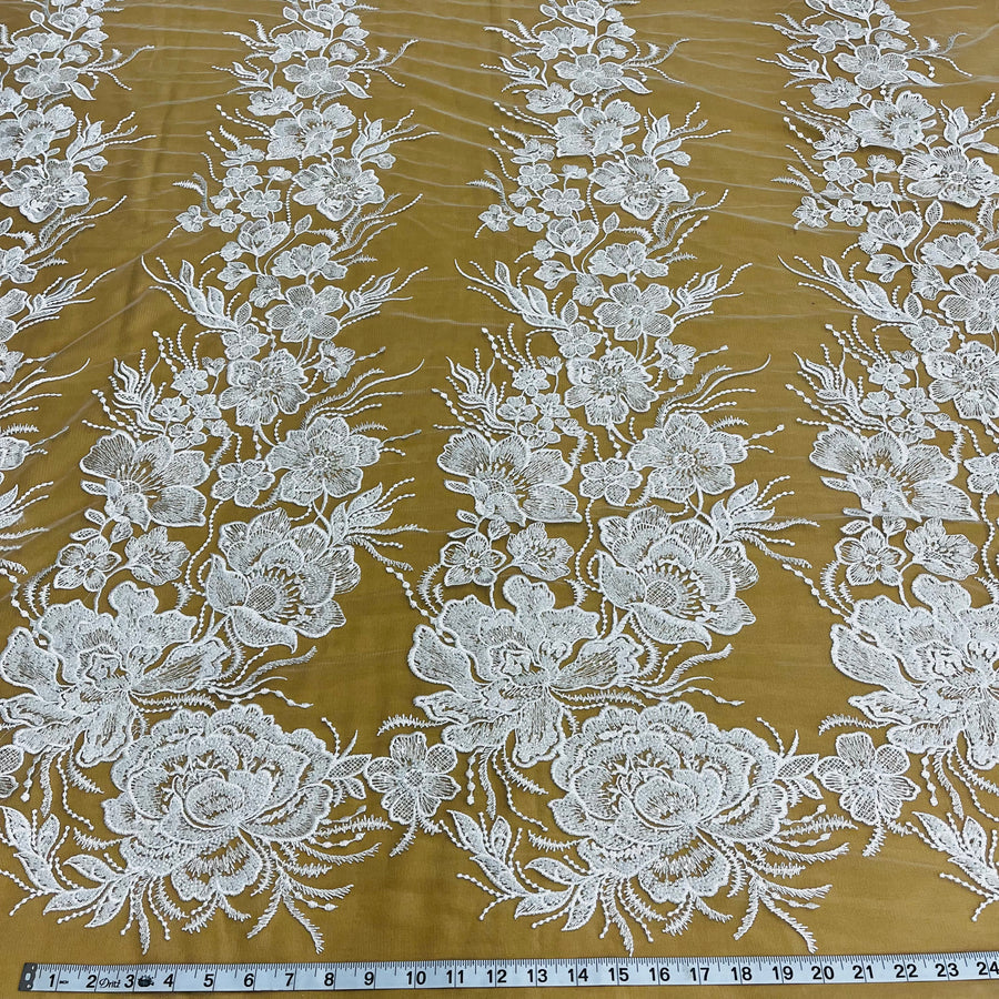 1 Yard Exquisite Beaded Lace Fabric Embroidered on 100% Polyester Net Mesh White