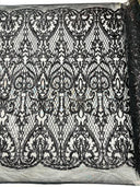 Heart Sequin Damask Polyester Fabric - Heart Damask, Iridescent Sequins, 54" Width (1 Yard)