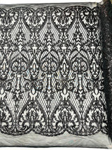 Heart Sequin Damask Polyester Fabric - Heart Damask, Iridescent Sequins, 54" Width (1 Yard)
