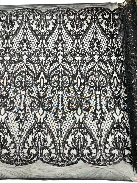 Heart Sequin Damask Polyester Fabric - Heart Damask, Iridescent Sequins, 54" Width (1 Yard)