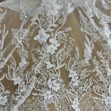 1 Yard Beaded Lace Fabric Embroidered on 100% Polyester Net Mesh, Elegant Embroidery Lace Material
