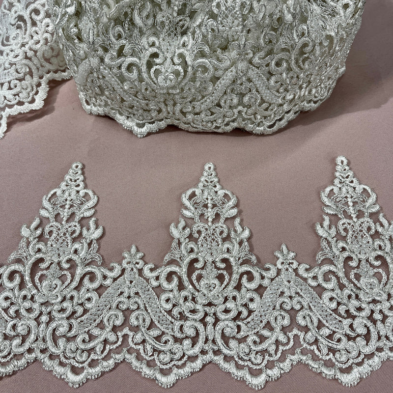 Beaded Corded Lace Trimming 100 Percent Polyester Organza Fabric - Embroidered, 6" Width (1 Yard)