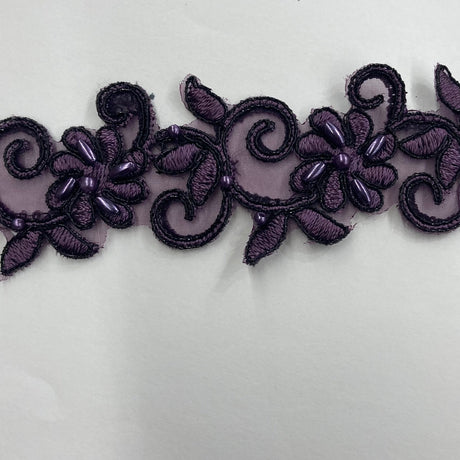 Beaded & Corded Lace Trimming Embroidered On 100% Polyester Fabric - Corded, Beaded & Embroidered Trimming, 1.5" Width (1 Yard)