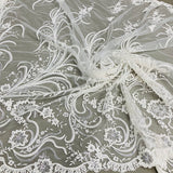 1 Yard Beaded Corded Bridal Lace Fabric Embroidered 100 Percent Polyester Net Mesh 52 inch Width