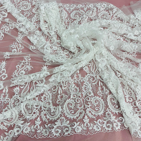Beaded Lace Fabric Embroidered On 100 Percent Polyester Net Mesh - Ivory, White, 54" Width (1 Yard)