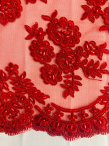 Beaded Corded Bridal Lace Fabric - Embroidered Polyester Net Mesh, 48" Width, Black, Red (1 Yard)