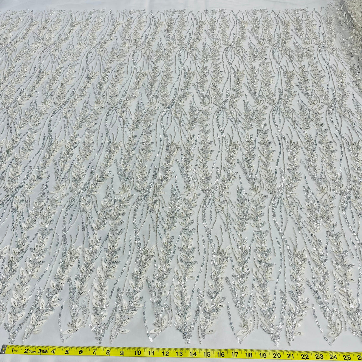 Beaded 3D Floral Lace Fabric Ivory Silver