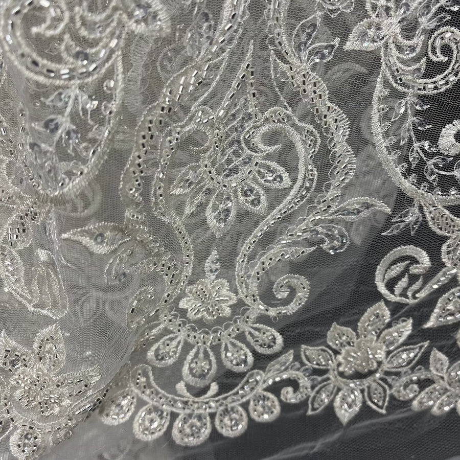 1 Yard Beaded & Sequined Lace Fabric, Ivory, Silver, and Blush