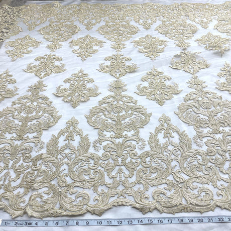 1 Yard Corded Bridal Lace Fabric Embroidered on 100 Percent Polyester Net Mesh Gold