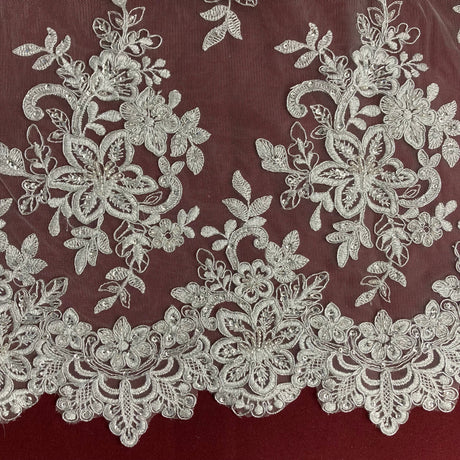 Beaded & Corded Bridal Lace Fabric - Embroidered On 100 Percent Polyester Net Mesh, 54" Width, Gold, Ivory With Silver, Ivory, Silver, White (1 Yard)