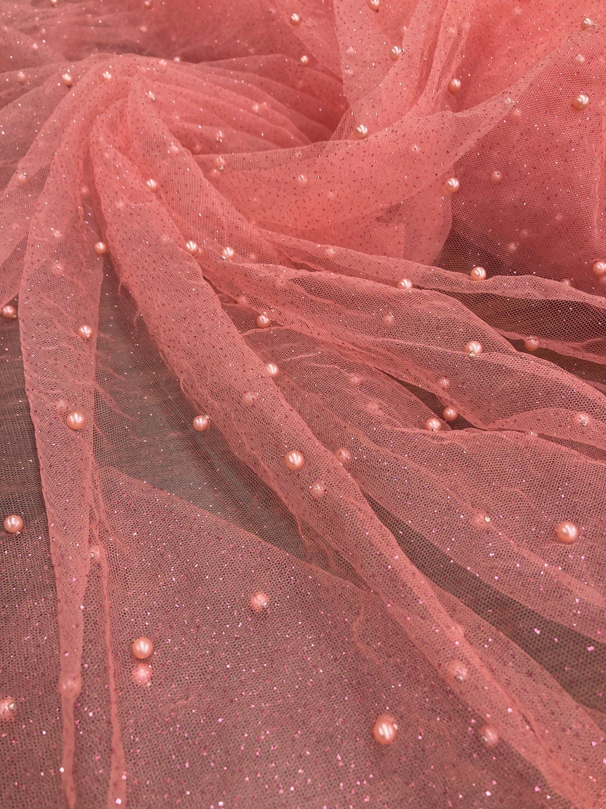 1 Yard Glitter Mesh Fabric with Scattered Pearls | 2 Way Stretch | 60" Wide | Soft Tulle for Gowns, Veils & Couture Projects
