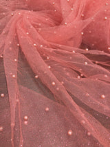 1 Yard Glitter Mesh Fabric with Scattered Pearls | 2 Way Stretch | 60" Wide | Soft Tulle for Gowns, Veils & Couture Projects