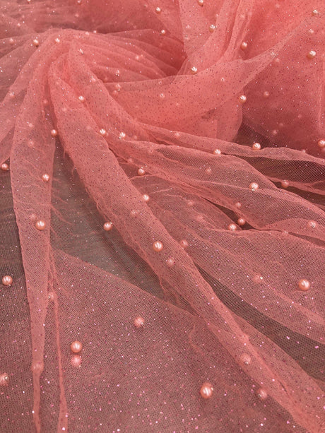1 Yard Glitter Mesh Fabric with Scattered Pearls | 2 Way Stretch | 60" Wide | Soft Tulle for Gowns, Veils & Couture Projects