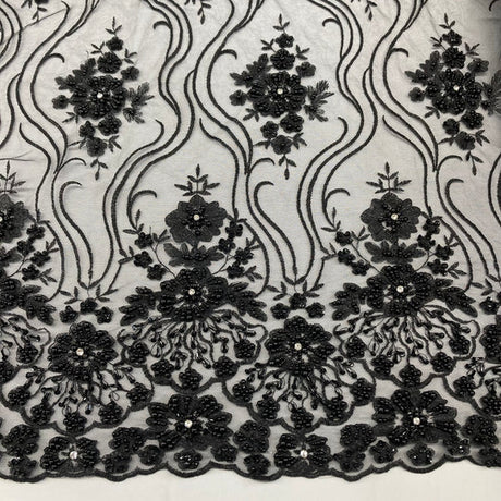 1 Yard Beaded Lace Fabric Embroidered on Polyester Net Mesh 51 inch Width