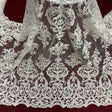 Beaded & Corded Lace Fabric - Embroidered On 100 Percent Polyester Net Mesh, White/Ivory, 51" Width (1 Yard)