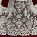 Beaded & Corded Lace Fabric - Embroidered On 100 Percent Polyester Net Mesh, White/Ivory, 51" Width (1 Yard)