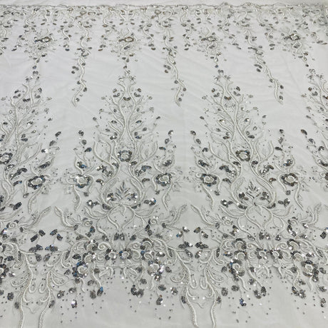 Beaded Lace Embroidered On 100 Percent Polyester Net Mesh Fabric - Gold, Silver, Ivory, White, Beaded Lace, 52" Width (1 Yard)