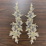 Beaded Corded Floral Lace Applique 100 Percent Polyester Fabric - Black, Metallic Gold, Metallic Silver, Floral Embroidered Net Mesh, 13" X 4" (1 Pair)
