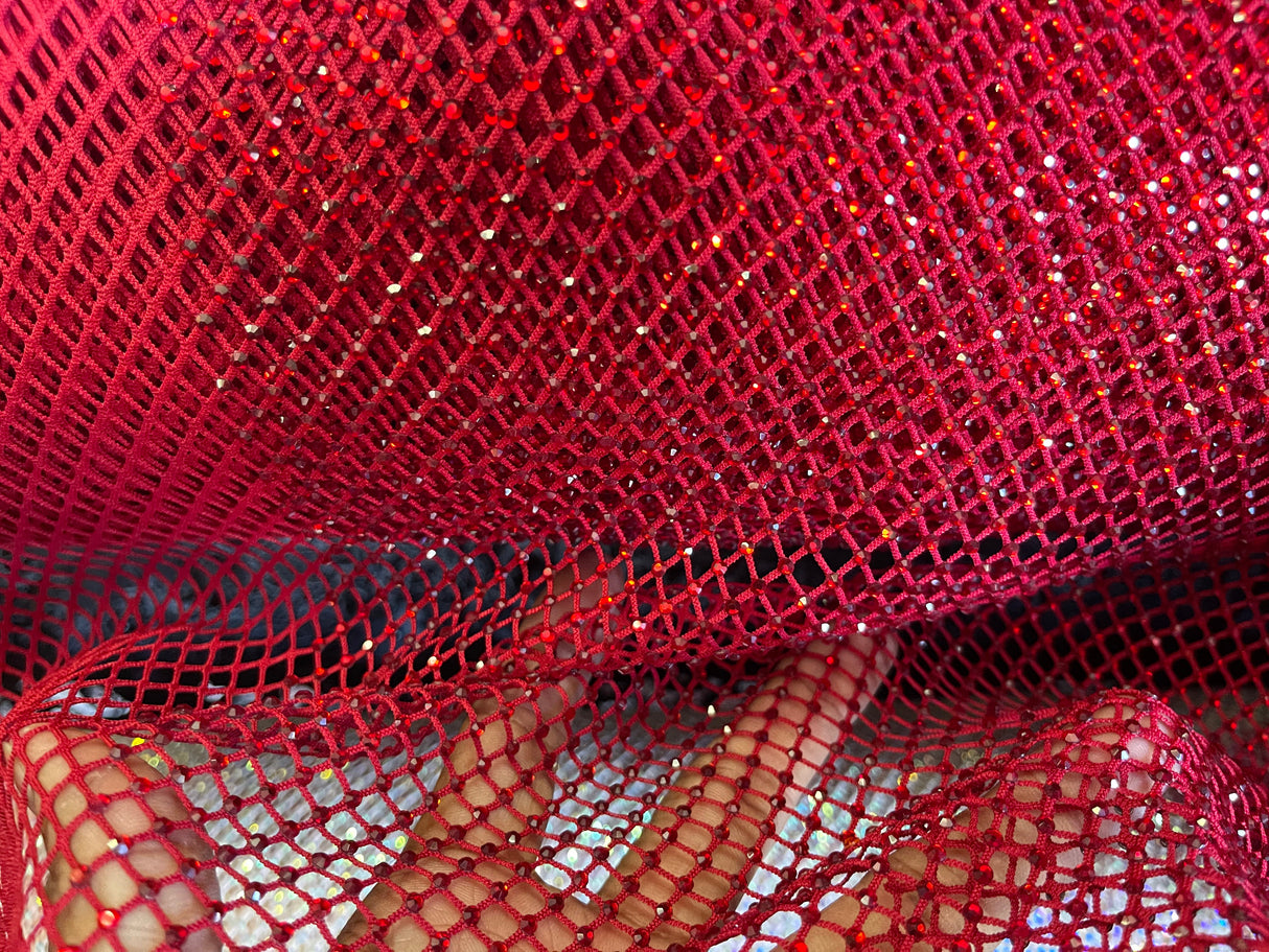 AB Rhinestones On A Fish Net Polyester Fabric - Iridescent Rhinestone Mesh, 1 Yard