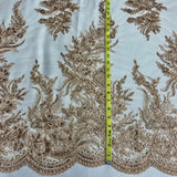 1 Yard Ivory Beaded and Corded Bridal Lace Fabric Embroidered on Polyester Net Mesh 56 Inch Width