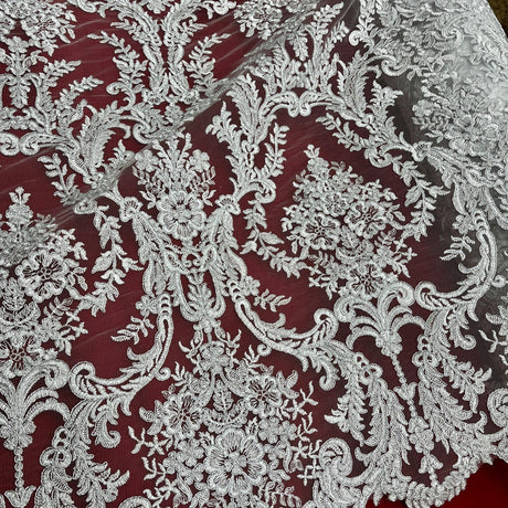 Corded Bridal Lace Polyester Fabric - Embroidered Floral Design, 52" Width (1 Yard)