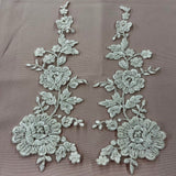 Beaded Corded Floral Lace Applique Embroidered 100 Percent Polyester Net Mesh Fabric - White, Ivory, Ivory With Silver Cording, White With Silver Cording, Black, 13" X 3.5" (1 Pair)