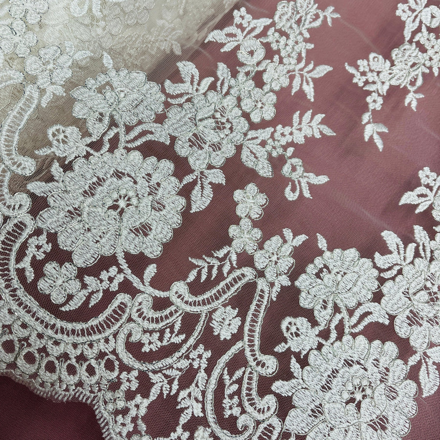 1 Yard Corded Bridal Lace Fabric Embroidered on Polyester Net Mesh