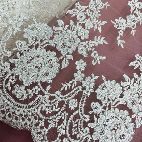 1 Yard Corded Bridal Lace Fabric Embroidered on Polyester Net Mesh