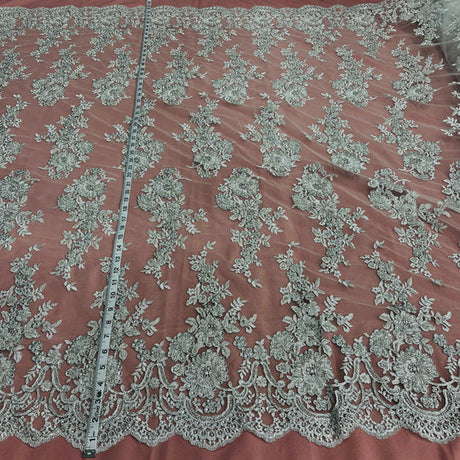 1 Yard Beaded Corded Bridal Lace Fabric Embroidered 100 Percent Polyester Net Mesh 53 inch Width