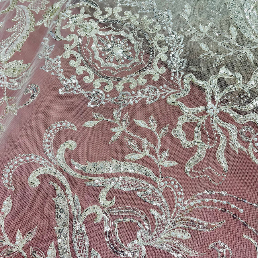 1 Yard Beaded Lace Fabric Embroidered on 100% Polyester Net Mesh Ivory
