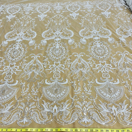 Beaded Lace Fabric - Embroidered Polyester Net Mesh, White, Ivory, Antique Silver, 51" Width (1 Yard)