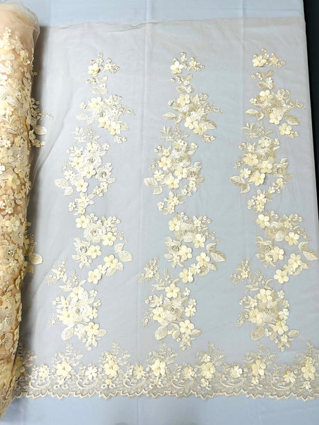 Scarlet 3D Floral Design Lace Fabric - Embroidered Beaded Mesh Lace, Double Scallop, 54" Width (1 Yard)