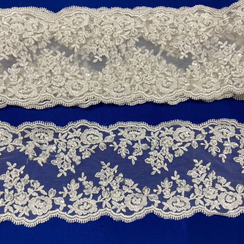 Beaded Double Sided Lace Trimming Embroidered On 100 Percent Polyester Net Mesh Fabric - Gold, Ivory, Silver, White, 5" Width (1 Yard)
