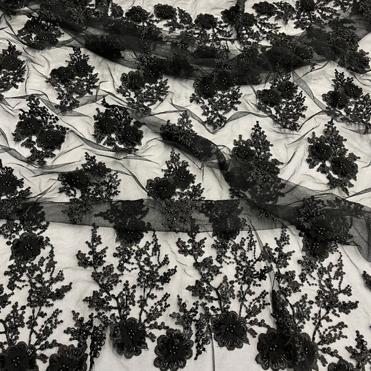 1 Yard Silver Beaded 3D Floral Lace Fabric Embroidered on Polyester Net Mesh Couture 52 Inch Width