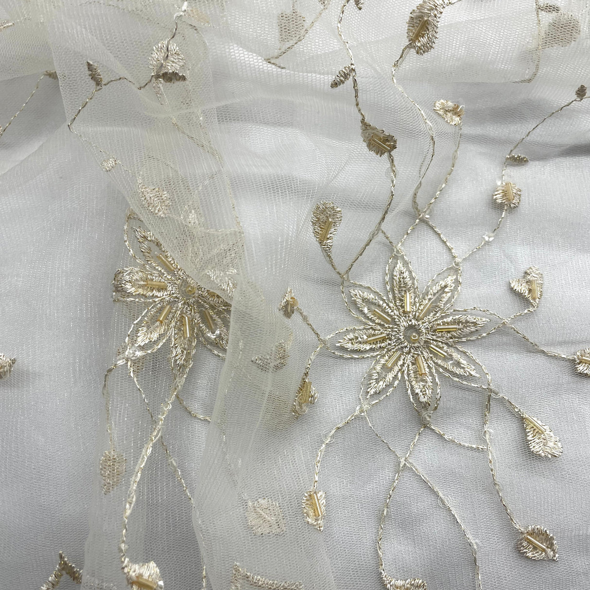 Beaded Lace Fabric on Polyester Net Mesh